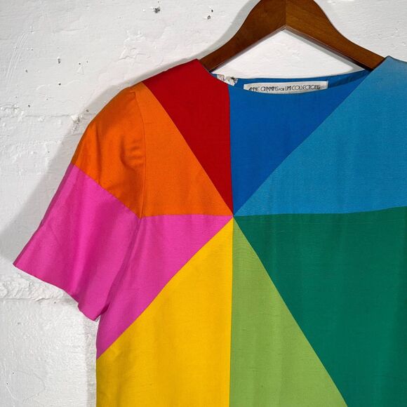 Vintage 80s Silk Colorblock Art Fashion Shift Dress Geometric Rainbow Size 8 - Picture 3 of 12